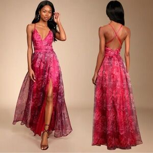 NWOT Lulus Romance That Wows Magenta Floral Print Organza Maxi Dress
